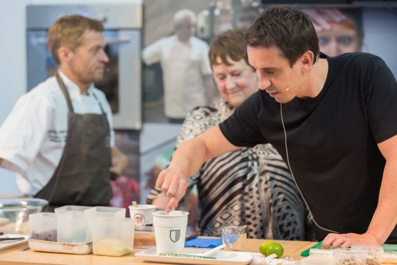 Cafe Football and Hotel Football Food Demostration with Gary Neville, Michael Wignall and Brendan Fyldes at Manchester Food and Drink Festival 2014