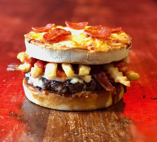 A chunky pizza, bacon and chips burger – it can only be Solita